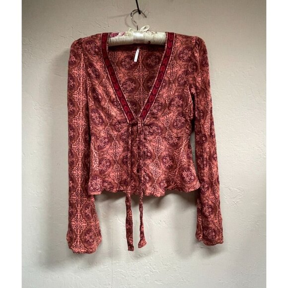 Free People Tops - FREE PEOPLE 'time Of Your Life' Tie Front Bell Sleeve Top Blouse XS Coral Combo